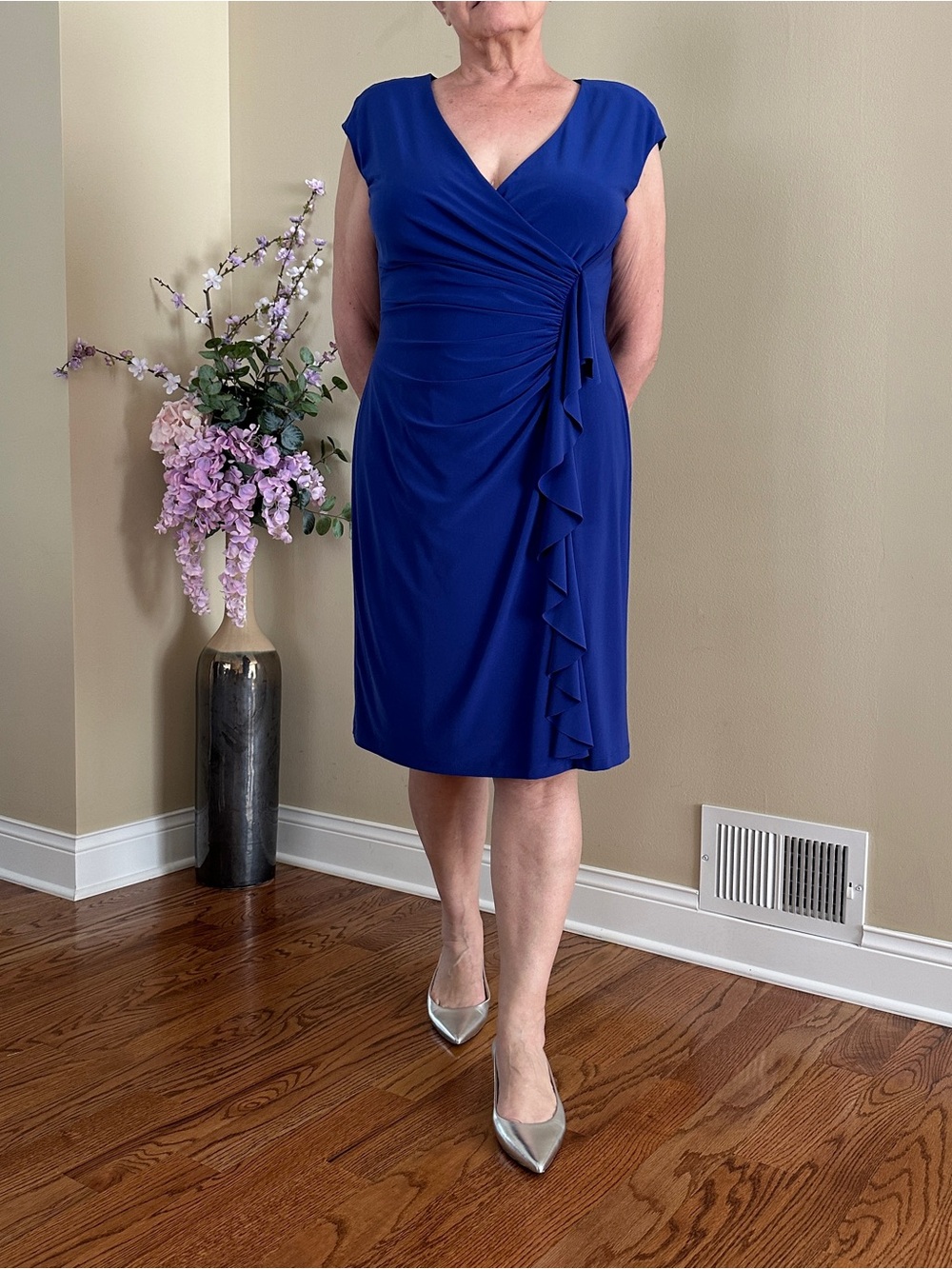 American Living Classic V-Neck Royal Blue Ruched Wrap Dress, Sz 14 Preowned